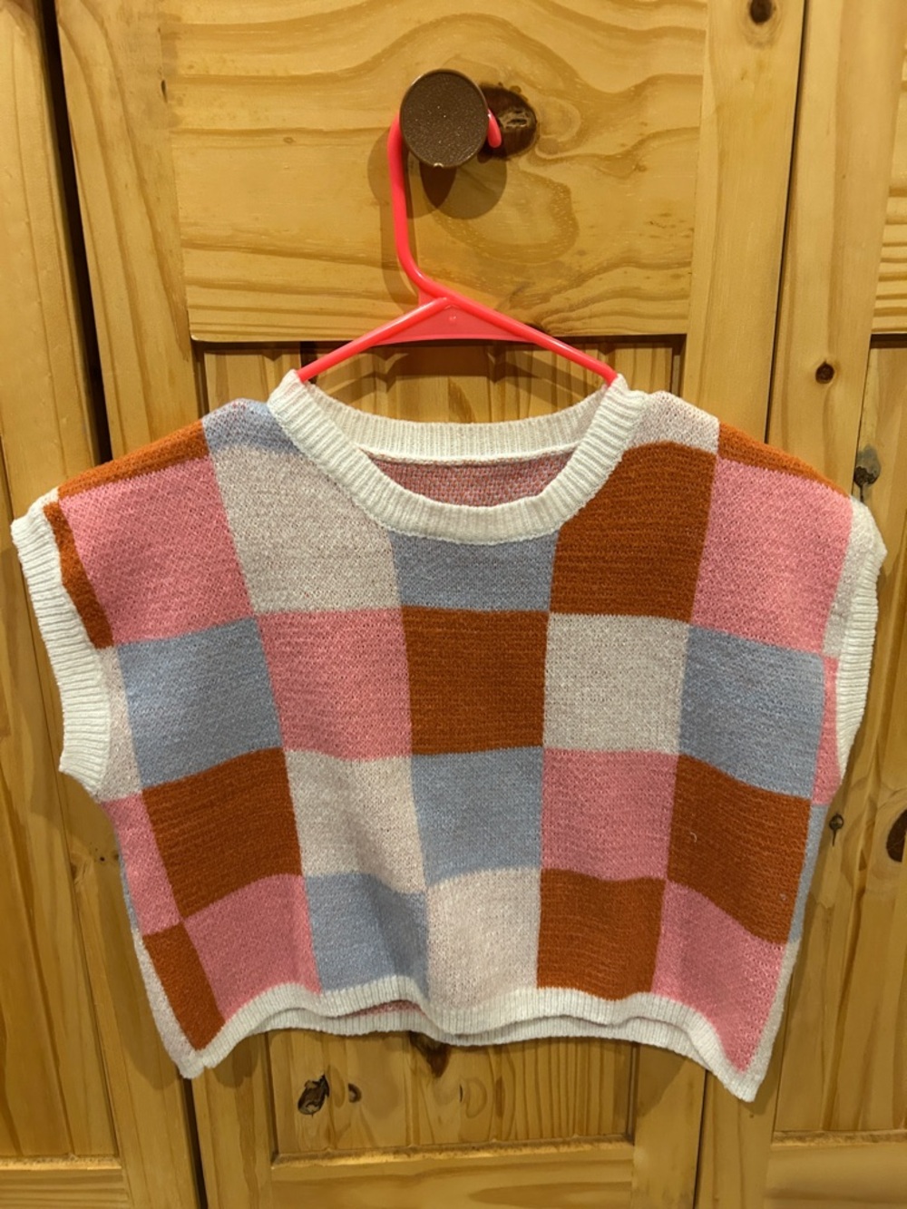 Chunky Checkerboard Knit Sleeveless Sweater Vest - Pink Blue Brown